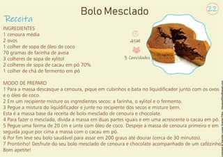 INGREDIENTES
1 cenoura média
2 ovos
1 colher de sopa de óleo de coco
70 gramas de farinha de aveia
3 colheres de sopa de xylitol
2 colheres de sopa de cacau em pó 70%
1 colher de chá de fermento em pó
MODO DE PREPARO
1 Para a massa descasque a cenoura, pique em cubinhos e bata no liquidicador junto com os ovos
e o óleo de coco.
2 Em um recipiente misture os ingredientes secos: a farinha, o xylitol e o fermento.
3 Pegue a mistura do liquidicador e junte no recipiente dos secos e misture bem.
Esta é a massa base da receita de bolo mesclado de cenoura e chocolate.
4 Para fazer o mesclado, divida a massa em duas partes iguais e em uma acrescente o cacau em pó.
5 Pegue uma forma de 20 cm e unte com óleo de coco. Despeje a massa de cenoura primeiro e em
seguida jogue por cima a massa com o cacau em pó.
6 Por m leve seu bolo saudável para assar em 200 graus até dourar (cerca de 30 minutos).
7 Prontinho! Desfrute do seu bolo mesclado de cenoura e chocolate acompanhado de um cafézinho.
Bom apetite!
Receita
22
Bolo Mesclado
45M
3 Convidados
 