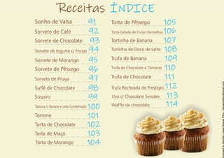Sonho de Valsa 91
Sorvete de Café 92
Sorvete de Chocolate 93
Sorvete de Iogurte c/ Frutas 94
Sorvete de Morango 95
Sorvete de Pêssego 96
Sorvete de Pitaya 97
Suê de Chocolate 98
Suspiro 99
Tapioca c/ Banana e Leite Condensado 100
Torrone 101
Torta de Chocolate 102
Torta de Maçã 103
Receitas ÍNDICE
Torta de Morango 104
Torta de Pêssego 105
Torta Gelada de Frutas Vermelhas 106
Tortinha de Banana 107
Tortinha de Doce de Leite 108
Trufa de Banana 109
Trufa de Chocolate e Tâmaras 110
Trufa de Chocolate 111
112
113
Trufa Recheada de Prestígio
Uva c/ Chocolate Simples
114
Wafe de chocolate
 