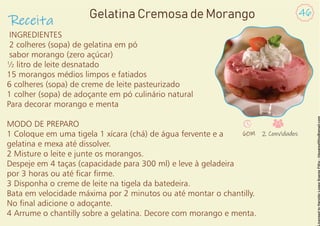 INGREDIENTES
2 colheres (sopa) de gelatina em pó
sabor morango (zero açúcar)
½ litro de leite desnatado
15 morangos médios limpos e fatiados
6 colheres (sopa) de creme de leite pasteurizado
1 colher (sopa) de adoçante em pó culinário natural
Para decorar morango e menta
MODO DE PREPARO
1 Coloque em uma tigela 1 xícara (chá) de água fervente e a
gelatina e mexa até dissolver.
2 Misture o leite e junte os morangos.
Despeje em 4 taças (capacidade para 300 ml) e leve à geladeira
por 3 horas ou até car rme.
3 Disponha o creme de leite na tigela da batedeira.
Bata em velocidade máxima por 2 minutos ou até montar o chantilly.
No nal adicione o adoçante.
4 Arrume o chantilly sobre a gelatina. Decore com morango e menta.
Receita
46
Gelatina Cremosa de Morango
60M 2 Convidados
 