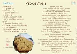 Receita 72
Pão de Aveia
INGREDIENTES
165 gramas de
farinha de coco
35 gramas de farinha
de amaranto
1½ colheres de café de Sal
1 colher de chá de fermento
em pó
½ xícara de ocos de aveia
45 gramas de manteiga derretida
2 unidades de ovo
100 gramas de xilitol (1/2 xícara)
80 mililitros de água (1/2 xícara)
MODO DE PREPARO
1 Para preparar esse pão caseiro comece
por misturar em uma tigela
a farinha de coco, a farinha de amaranto,
o fermento e o sal. Acrescente
também os ocos de aveia, reservando um
pouco para decorar.
2 Numa tigela à parte misture muito bem a
manteiga com os ovos, o xilitol e a água.
3 Seguidamente acrescente os
ingredientes secos (do passo nº1)
aos ingredientes anteriores e misture bem,
para eliminar todos os grumos.
Dica: A massa desse pão ca semelhante
à massa de um bolo, por isso não se preocupe
se car mole.
4 Coloque a massa desse pão de aveia em
uma forma retangular
forrada com papel manteiga.
5 Alise a massa e polvilhe os ocos de aveia reservados.
Finalmente leve a assar no forno preaquecido a
180ºC durante 40 minutos ou até que o palito saia limpo.
6 Depois do tempo indicado retire o seu pão de
aveia do forno e deixe esfriar antes
de desenformar.
Saboreie este delicioso pão ao café da manhã
ou ao lanche!
1h30m
10 Convidados
 