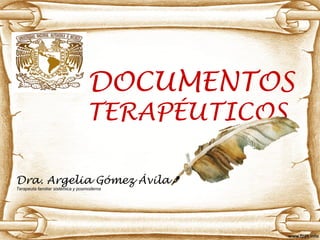DOCUMENTOS
TERAPÉUTICOS
Dra. Argelia Gómez Ávila
Terapeuta familiar sistémica y posmoderna
 
