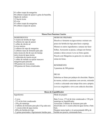01 colher (sopa) de margarina
06 colheres (sopa) de açúcar e gotas de baunilha.
Opção de recheio:
1/2 kg de ricota
02 ovos
01 colher (sopa) de margarina
06 colheres (sopa) de açúcar.



                                    Massa Para Panetone Caseiro
INGREDIENTES                                        MODO DE PREPARO
5 xícaras de farinha de trigo                       Dissolva o fermento na água morna e misture um
4 colheres de sopa de açúcar
1 colher de chá de sal                              pouco de farinha de trigo para fazer a esponja.
4 ovos inteiros                                     Misture os outros ingredientes e amasse ate fazer
2 colheres de sopa de margarina
2 colheres rasas de fermento para pão               bolhas. Acrescente as passas, coloque em formas
meia xícara de chá de suco de laranja               untadas e deixe crescer. Leve ao forno quente.
meia xícara de água morna                           Pincele com Margarina ou gema de ovo antes de
1 colherinha de canela em pó
1 colher de melado ou açúcar mascavo                retirar do forno.
margarina para pincelar
100 gramas de uvas passas
100 gramas de frutas cristalizadas                  RENDIMENTO
                                                    5 panetone de 500 gramas


                                                    DICAS
                                                    Substitua as frutas por pedaços de chocolate. Depois
                                                    de morno, recheie o panetone com sorvete, retirando
                                                    o miolo e colocando uma tampa feita com o próprio.
                                                    Leve ao congelador e sirva com calda de chocolate.

                                        Rosca de Liquidificador
Ingredientes                                       Modo de preparo

- 2 ovos                                            Bata 2 ovos, 175 ml de leite condensado e 150 g de
- 175 ml de leite condensado                        manteiga no liquidificador.
- 150 g de manteiga                                 Acrescente 2 tabletes de fermento para pão
- 2 tabletes de fermento para pão (15g cada um)     dissolvidos em ½ xícara (chá) de água morna e bata
- ½ xícara (chá) de água morna                      bem.
- 600 g de farinha de trigo                         Despeje numa tigela e vá acrescentando 600 g de
- 2 gemas peneiradas e ligeiramente batidas para    farinha aos poucos, misturando bem.
 