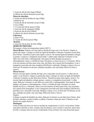 1 xícara de chá de leite longa (240ml)
2 colheres de chá de fermento em pó (4g)
Massa de chocolate:
2 xícaras de chá de farinha de trigo (240g)
1 pitada de sal
1 xícara de chá de chocolate em pó (110g)
3 ovos (150g)
1 1/2 xícara de chá de açúcar (270g)
1 xícara de chá de margarina (200g)
1 xícara de chá de leite (240ml)
2 colheres de chá de fermento em pó (4g)
Cobertura:
2 claras (75g)
1/2 xícara de chá de açúcar (90g)
 Recheio:
1 xícara de chá de doce de leite (300g)
MODO DE PREPARO:
Pré-aqueça o forno em temperatura média (180°C)
Massa Branca: Peneire em uma tigela a farinha de trigo com o sal. Reserve. Separe as
gemas das claras. Coloque as claras na tigela da batedeira e bata por 4 minutos ou até obter
picos firmes. Transfira-as para outra tigela e reserve. Na mesma tigela da batedeira coloque
as gemas, o açúcar e a margarina (reservando 1 colher sopa). Bata por 4 minutos ou até
obter um creme fofo e esbranquiçado. Sem parar de bater despeje aos poucos e
alternadamente o leite e a farinha de trigo. Incorpore as claras em neve e o fermento. Mexa
com movimentos de baixo para cima, mas sem bater, até a massa ficar homogêneo. Com a
margarina reservada unte uma assadeira (20x28cm) e enfarinhe. Despeje a massa e leve ao
forno por 30 minutos ou até que, enfiando um palito, este saia limpo. Retire do forno e
reserve.
Massa Escura:
Peneire em uma tigela a farinha de trigo com o chocolate em pó (reserve 1 colher das de
sopa) e o sal. Reserve. Separe as gemas das claras. Coloque as claras na tigela da batedeira
e bata por 4 minutos ou até obter picos firmes. Transfira-as para outra tigela e reserve. Na
mesma tigela da batedeira coloque gemas, o açúcar e a margarina (reservando 1 colher
sopa). Bata por 4 minutos ou até obter um creme fofo e esbranquiçado. Sem parar de bater
despeje, aos poucos e alternadamente, o leite e a farinha de trigo. Incorpore as claras
batidas em neve e o fermento. Mexa com movimentos de baixo para cima, mas sem bater,
até a massa ficar homogêneo. Com a margarina reservada unte uma assadeira (20x28cm) e
polvilhe com o chocolate reservado. Despeje a massa. Leve ao forno por 30 minutos ou até
que, enfiando um palito, este saia limpo. Retire do forno e reserve.
Suspiro:
Coloque na tigela da batedeira às claras. Bata por 4 minutos ou até obter picos firmes. Sem
de bater, adicione o açúcar (colher a colher). Continue a bater por mais 2 minutos ou até
formar um suspiro.Reserve.
Montagem:
Corte os bolos (já frios) em tiras no sentido do comprimento (11x2x2 cm de altura). Sobre
uma placa intercale as tiras, coloque uma tira branca, com o auxílio e uma faca passe doce
de leite e coloque uma tira escura. (totalizando 6 tiras na base). Em cima dessa base passe
 