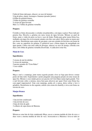 Calda de frutas (pêssegos, abacaxi, ou suco de laranja)
½ kg de pêras, maçãs, morangos e bananas (pesados juntos)
6 folhas de gelatina branca
2 folhas de gelatina vermelha
½ xícara de água fervente
Mais 2 a 3 folhas de gelatina vermelha

Preparo:

Cozinhe as frutas descascadas e cortadas em pedacinhos, com água e açúcar. Passe tudo por
peneira fina. Dissolva a gelatina em meia xícara de água fervente. Misture ao purê de
frutas, junte o vinho do porto ou licor e suco de limão. Ponha para gelar numa fôrma lisa,
molhada com água fria ou levemente untada com óleo sem sabor. Deixe gelar ao menos por
seis horas. Desenforme num centro de um prato; com um cortador de biscoitos em forma de
flor, corte na superfície da gelatina. É preferível usar a fôrma depois de mergulhada em
água quente. Cubra com uma calda de pêssegos, abacaxi ou suco de laranja, colorida com
duas a três folhas de gelatina vermelha dissolvidas. A calda deve estar fria.

Maná de Coco

Ingredientes;

3 xícaras de mel de abelhas
½ xícara de manteiga
2 pacotes grandes de “Corn-flakes”
1 coco ralado

Preparo:

Meça o mel e a manteiga, junte numa caçarola pesada e leve ao fogo para ferver e tomar
ponto de bala mole. Experimente o ponto pingando uma pequena porção em uma xícara de
água fria. Misture o coco ralado grosso aos pacotes de Corn-flakes numa tigela grande. Vire
o mel fervente sobre a mistura, mexa bem para absorver por igual. Forre uma fôrma lisa
com papel impermeável. Unte com manteiga, ponha ali a massa, deixe esfriar e leve à
geladeira. Desenforme no dia seguinte, enfeite com creme de chantilly e sirva com frutas ou
sorvete de coco.

Manjar Branco

Ingredientes:

1 lata de leite condensado
1 lata de leite de coco
2 latas de leite de gado
3 colheres de sopa cheias de Maizena

Preparo:

Mistura-se uma lata de leite condensado Moça, usa-se a mesma medida de leite de coco, e
duas vezes a mesma medida de leite de vaca. Acrescenta-se a Maizena e leva-se tudo ao
                                                                                    12
 