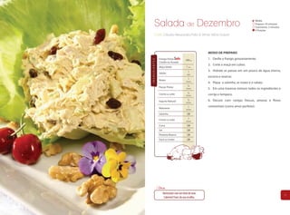 Salada de Dezembro                                                                 Média
                                                                                           Preparo: 50 minutos
                                                                                           Cozimento: 2 minutos
                                                                                           4 Porções
        Chefs Cláudia Alessandra Poffo & Vilmar Vitório Dolzan




                                                       MODO DE PREPARO
               Frango Fiesta                           1. Desfie o frango grosseiramente.




INGREDIENTES
                                          300 g
               Cozido ou Assado
                                                       2. Corte a maçã em cubos.
               Maça Verde                  1 un.
                                            1          3. Hidrate as passas em um pouco de água morna,
               Salsão                      talo
                                                       escorra e reserve.
               Nozes                        1
                                          xícara
                                                       4. Pique a salsinha, as nozes e o salsão.
               Passas Pretas                ½
                                          xícara       5. Em uma travessa misture todos os ingredientes e
                                            ½
               Creme de Leite             xícara       corrija o tempero.
               Iogurte Natural              ½          6. Decore com cerejas frescas, amoras e flores
                                          xícara

               Maionese                     1          comestíveis (como amor perfeito).
                                          xícara

               Salsinha                    QB

               Creme de Leite               1
                                          xícara

               Curry                       QB
               Sal                         QB
               Pimenta Branca              QB
               Suco de Limão               QB




               Dica:
                     Harmonize com um tinto de uvas
                                                                                                                  31
                      Cabernet Franc da sua escolha.
 