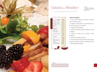 Salada do Réveillon                                                                     Fácil
                                                                                                Preparo: 1h 30 minutos
                                                                                                Cozimento: 60 minutos
                                                                                                4 Porções
        Chefs Cláudia Alessandra Poffo & Vilmar Vitório Dolzan




                                                              MODO DE PREPARO
               Pernil Suíno              400 g                1. Asse o pernil conforme as instruções na embala-




INGREDIENTES
               Abacaxi em Calda            2                  gem e corte-o em cubos.
                                         rodelas

               Pêssego em Calda           3 un.               2. Higienize as frutas frescas e, juntamente com as
               Morango                    5 un.
                                                              frutas em calda, corte-as em cubos.
               Kiwi                       3 un.
                                                              3. Higienize as folhas verdes.
               Nectarina                  2 un.
               Alface Frisé               1 un.               4. Misture a mostarda amarela à maionese e corrija
               Alface Crespa              1 un.               o tempero.
                                           4
               Mostarda Amarela         colheres              5. Tempere as folhas com sal, azeite e aceto
                                         (sopa)

                                           1                  balsâmico.
               Maionese                  xícara
                                                              6. Misture a mostarda a maionese
               Sal                        QB
               Pimenta Branca             QB                  7. No centro de uma travessa coloque o pernil suíno,
               Azeite                     QB                  decore com as folhas e as frutas e acrescente um pou-
               Aceto Balsâmico            QB
                                                              co da maionese de mostarda.




               Dica:
           Ofereça um vinho de colheita tardia, adocicado,
                                                                                                                         25
           de uvas Sauvignon Blanc da região sul do Brasil.
 