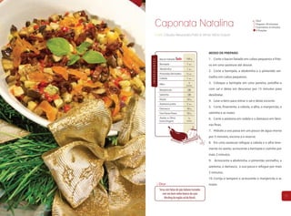 Caponata Natalina                                                                        Fácil
                                                                                                 Preparo: 30 minutos
                                                                                                 Cozimento: 6 minutos
                                                                                                 4 Porções
        Chefs Cláudia Alessandra Poffo & Vilmar Vitório Dolzan




                                                           MODO DE PREPARO
               Bacon Fatiado              100 g            1. Corte o bacon fatiado em cubos pequenos e frite-




INGREDIENTES
               Berinjela                  1 un.            os em uma sauteuse até dourar.
               Abobrinha                  1 un.
                                                           2. Corte a berinjela, a abobrinha e o pimentão ver-
               Pimentão Vermelho          ½ un.
               Cebola                     1 un.            melho em cubos pequenos.

               Alho                         3              3. Coloque a berinjela em uma peneira, polvilhe-a
                                          dentes

               Manjericão                  QB              com sal e deixe em descanso por 15 minutos para
               Salsinha                    QB              desidratar.
               Nozes                      50 g
                                                           4. Lave-a bem para retirar o sal e deixe escorrer.
               Azeitona preta             5 un.
               Damasco                    50 g
                                                           5. Corte, finamente, a cebola, o alho, o manjericão, a
               Uva Passa Preta            50 g             salsinha e as nozes.
               Azeite de Oliva             ½               6. Corte a azeitona em rodela e o damasco em lâmi-
               Extra Virgem               xícara

                                                           nas finas.
                                                           7. Hidrate a uva passa em um pouco de água morna
                                                           por 5 minutos, escorra-a e reserve.
                                                           8. Em uma sauteuse refogue a cebola e o alho leve-
                                                           mente no azeite, acrescente a berinjela e cozinhe por
                                                           mais 2 minutos.
                                                           9. Acrescente a abobrinha, o pimentão vermelho, a
                                                           azeitona, o damasco, a uva passa e refogue por mais
                                                           2 minutos.
                                                           10. Corrija o tempero e acrescente o manjericão e as
               Dica:                                       nozes.
               Sirva com fatias de pão italiano tostados
                  com um bom vinho branco de uvas
                    Riesling da região sul do Brasil.                                                                   27
 