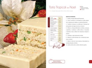 Torta Tropical do Noel                                                         Média
                                                                                       Preparo: 50 minutos
                                                                                       Cozimento: 2 minutos
                                                                                       4 Porções
        Chefs Cláudia Alessandra Poffo & Vilmar Vitório Dolzan




                                                     MODO DE PREPARO
               Frango
                                        400 g        1. Desfie o Frango defumado finamente.
               Defumado




INGREDIENTES
               Cenoura                   ½ un.       2. Corte a cenoura e a mussarela em cubos peque-
               Queijo Mussarela         100 g        nos, a azeitona em rodelas e a salsinha finamente.
               Azeitona Preta
                                         6 un.       3. Cozinhe a cenoura e a ervilha por 2 minutos em
               sem Caroço

               Salsinha                  ½ un.       uma panela com água, escorra-a e reserve.
                                           1
               Ervilha Congelada         xícara
                                                     4. Misture o frango defumado, a ervilha, a cenoura,
               Pacote de Pão de          1 un.       o palmito, a azeitona, o milho verde, a mussarela,
               Forma sem Casca
                                           1         a salsinha e duas colheres de maionese; tempere e
               Palmito                   xícara
                                                     reserve.
               Milho Verde                ½
                                          lata
                                                     5. Umedeça o pão levemente no leite.
               Creme de Leite              1
                                         xícara      6. Misture o creme de leite com o restante da maio-
               Maionese                 300 g
                                                     nese e reserve.
               Leite                    300 ml
                                                     7. Monte a torta em uma travessa, intercalando as
                                                     camadas de pão e recheio.
                                                     8. Cubra a torta com o creme e decore a gosto.




               Dica:
                      Ofereça um Espumante
                                                                                                              29
                   Rose Brut da Serra Catarinense.
 