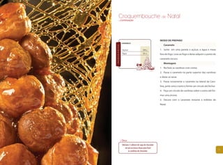 Croquembouche de Natal
        ...Continuação




                                                          MODO DE PREPARO
               CARAMELO
                                                             Caramelo




INGREDIENTES
               Açúcar                    300 g            1. Junte em uma panela o açúcar, a água e mexa
               Água                      50 ml            fora do fogo. Leve ao fogo e deixe adquirir o ponto de
                                                          caramelo escuro.
                                                             Montagem
                                                          1. Recheie as carolinas com creme.
                                                          2. Passe o caramelo na parte superior das carolinas
                                                          e deixe-as secar.
                                                          3. Passe novamente o caramelo na lateral da Caro-
                                                          lina, junte uma a outra e forme um círculo até fechar.
                                                          4. Faça um círculo de carolinas sobre o outro até for-
                                                          mar uma árvore.
                                                          5. Decore com o caramelo restante e enfeites de
                                                          Natal.




               Dica:
               Adicione 2 colheres de sopa de chocolate
                   em pó na massa choux para fazer
                      as carolinas de chocolate.                                                                   97
 