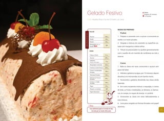 Gelado Festivo                                                                        Média
                                                                                              Preparo: 45 minutos
                                                                                              12 Porções

        Chefs Andréia Maria Pacher & André Luis Lenzi




                                                         MODO DE PREPARO
               PRALINÉ
                                                            Praliné




INGREDIENTES
               Açúcar                   160 g            1. Prepare o caramelo com o açúcar e acrescente as
               Avelã                     40 g            avelãs e as nozes picadas.
               Nozes                     40 g
                                                         2. Despeje a mistura do caramelo na superfície un-
               Margarina sem sal
                                         QB
               Qualy                                     tada com margarina e deixe esfriar.
                                                         3. Triture no processador ou quebre grosseiramente
               CREME
                                                         com o auxílio de um martelo de confeitaria ou rolo e
               Clara de Ovos             5 un.
                                                         reserve.
               Açúcar                   200 g
               Gelatina                  12 g
               Incolor e sem Sabor
                                                            Creme
               Requeijão Cremoso        350 g
                                                         1. Bata as claras em neve, acrescente o açúcar sem
               Creme de Leite Fresco    250 g
               Frutas Cristalizadas                      parar de bater.
                                        100 g
               Picadas
                                                         2. Hidrate a gelatina na água, por 10 minutos, depois
               Tâmaras Picadas          100 g
                                                         dissolva-a no microondas ou em banho-maria.
               Damascos Turcos           80 g
               Picados                                   3. Acrescente a gelatina dissolvida nas claras ainda
               Cereja em Calda          100 g            batendo.
               Picadas
               Água                      50 g            4. Em outro recipiente misture o requeijão, o creme
               Raspas de Laranja         QB
                                                         de leite, as frutas cristalizadas, as tâmaras, os damas-
               Papel Alumínio            QB
                                                         cos, as cerejas, as raspas de laranja e o praliné.
                                                         5. Acrescente as claras em neve delicadamente a
                                                         esta mistura.
                                                         6. Leve para congelar em formas forradas com papel
               Dica:                                     alumínio.
               Esta sobremesa pode ser servida em dias
                                                                                                                    83
                  de verão por ser muito refrescante.
 