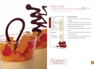 Pana Cotta                                                                              Fácil

        com Ratatouille de Damascos e Cerejas
                                                                                                Preparo: 45 minutos
                                                                                                8 Porções

        Chefs Andréia Maria Pacher & André Luis Lenzi




                                                             MODO DE PREPARO
               PANA COTTA
                                                             1. Hidrate a gelatina, conforme instruções da




INGREDIENTES
                Gelatina                    8g               embalagem.
                Incolor e sem Sabor

                Creme de Leite Fresco     430 g              2. Aqueça o creme de leite com o açúcar, o leite, as
                Açúcar                     30 g              amêndoas e a baunilha até desmanchar o açúcar (não
                Amêndoas
                                           90 g              deixe ferver). Retire do fogo e penere.
                Laminadas
                Fava de Baunilha           ½ un.             3. Dissolva a gelatina acrescentando na mistura da
                Leite                      75 g
                                                             panela.

               RATATTOUILLE
                                                             4. Coloque em taças e deixe esfriar. Leve para a gela-
                                                             deira por cerca de 3h.
                Damascos Turcos           140 g
                                                             5. Corte os damascos e as cerejas em cubos peque-
                Cereja em Calda           140 g
                                                             nos e coloque sobre a pana cotta gelada.




                Dica:
                   Sirva com calda de frutas vermelhas,
               (framboesa, morango e mirtilo) ou de frutas
                      amarelas (damasco e phisalis).                                                                  87
 