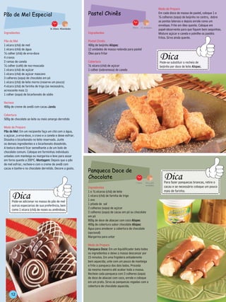 Modo de Preparo
Pão de Mel Especial                                                   Pastel Chinês                                                    Em cada disco de massa de pastel, coloque 1 e
                                                                                                                                       ½ colheres (sopa) de beijinho no centro, dobre
                                                                                                                                       as pontas laterais e depois enrole como um
                                                                                                                                       envelope. Frite em óleo quente. Coloque em
                                                                                                        35min. 12 unidades
                                          1h 30min. 40unidades                                                                         papel-absorvente para que fiquem bem sequinhos.
Ingredientes                                                          Ingredientes                                                     Misture açúcar e canela e polvilhe os pastéis
                                                                                                                                       fritos. Sirva ainda quente.
Pão de Mel                                                            Pastel Chinês
1 xícara (chá) de mel                                                 400g de beijinho Alispec
1 xícara (chá) de água                                                12 unidades de massa redonda para pastel                        --------------------------------
                                                                                                                                         Dica




                                                                                                                               -----------
½ colher (chá) de erva-doce                                           Óleo para fritar
4 cravos




                                                                                                                                                                               --------
2 ramas de canela                                                     Cobertura                                                          Pode-se substituir o recheio de
½ colher (café) de noz-moscada                                        ½ xícara (chá) de açúcar                                           beijinho por doce de leite Alispec.
1 xícara (chá) de açúcar                                              1 colher (sobremesa) de canela                                  -------------------------------
1 xícara (chá) de açúcar mascavo
3 colheres (sopa) de chocolate em pó
1 xícara (chá) de leite morno (reserve um pouco)
4 xícara (chá) de farinha de trigo (se necessário,
acrescente mais 1)
1 colher (sopa) de bicarbonato de sódio

Recheio
400g de creme de avelã com cacau Jandu

Cobertura
500g de chocolate ao leite ou meio amargo derretido

Modo de Preparo
Pão de Mel: Em um recipiente faça um chá com a água,
o açúcar, a erva-doce, o cravo e a canela e deixe esfriar.
Dissolva o bicarbonato no leite reservado. Junte
os demais ingredientes e o bicarbonato dissolvido.
A textura deverá ficar semelhante a de um bolo de
chocolate comum. Coloque em forminhas individuais
untadas com manteiga ou margarina e leve para assar
em forno quente a 200ºC. Montagem: Depois que o pão
de mel esfriar, recheie-o com o creme de avelã com
cacau e banhe-o no chocolate derretido. Decore a gosto.
                                                                      Panqueca Doce de                                                        ---------------------------------
                                                                                                                                                  Dica


                                                                                                                                                                                          -------------
                                                                                                                                      -------------


                                                                      Chocolate
                                                                                                           1 hora   20 a a23                      Para fazer panquecas brancas, retire o
                                                                                                                    unidades
                                                                      Ingredientes                                                                cacau e se necessário coloque um pouco
         ---------------------------------                                                                                                        mais de farinha.
             Dica
                                                                      1 e ½ xícaras (chá) de leite
                                                                                                                                              -----------------------------------
                                                      -------------
 -------------




                                                                      1 xícara (chá) de farinha de trigo
             Pode-se adicionar na massa do pão de mel                 1 ovo
             outras especiarias de sua preferência, bem               1 pitada de sal
             como 1 xícara (chá) de nozes ou amêndoas.                2 colheres (sopa) de açúcar
         -----------------------------------                          2 colheres (sopa) de cacau em pó ou chocolate
                                                                      em pó
                                                                      800g de doce de abacaxi com coco Alispec
                                                                      400g de cobertura sabor chocolate Alispec
                                                                      Água para amolecer a cobertura de chocolate
                                                                      (opcional)
                                                                      Margarina para untar

                                                                      Modo de Preparo
                                                                      Panqueca Doce: Em um liquidificador bata todos
                                                                      os ingredientes e deixe a massa descansar por
                                                                      15 minutos. Em uma frigideira antiaderente
                                                                      bem aquecida, unte com um pouco de manteiga
                                                                      e frite a panqueca dos dois lados. Proceda
                                                                      da mesma maneira até acabar toda a massa.
                                                                      Recheie cada panqueca com 2 colheres (sopa)
                                                                      de doce de abacaxi com coco, enrole e coloque
                                                                      em um prato. Sirva as panquecas regadas com a
                                                                      cobertura de chocolate aquecida.

           12
 