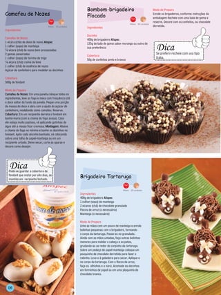 Bombom-brigadeiro                                            Modo de Preparo
   Camafeu de Nozes                                                  Flocado                                                      Enrole os brigadeiros, conforme instruções da
                                                                                                                                  embalagem Recheie com uma bala de goma e
                                                                                                                                  reserve. Decore com os confeitos, ou chocolate
                                                                                                         40min. 50 unidades
                                           50min. 35 unidades
                                                                     Ingredientes                                                 derretido.
   Ingredientes
                                                                     Docinho
   Camafeu de Nozes                                                  400g de brigadeiro Alispec
   1 xícara (chá) de doce de nozes Alispec                                                                                           --------------------------------
                                                                                                                                        Dica
                                                                     125g de bala de goma sabor morango ou outro de




                                                                                                                              -----------
   1 colher (sopa) de manteiga                                       sua preferência




                                                                                                                                                                           --------
   ½ xícara (chá) de nozes bem processadas
   2 gemas peneiradas                                                                                                                   Se preferir recheie com uva tipo
                                                                     Cobertura
   1 colher (sopa) de farinha de trigo                                                                                                  Itália.
   ¼ xícara (chá) creme de leite
                                                                     50g de confeitos preto e branco                                 -------------------------------
   1 colher (chá) de essência de nozes
   Açúcar de confeiteiro para modelar os docinhos

   Cobertura
   500g de fondant

   Modo de Preparo
   Camafeu de Nozes: Em uma panela coloque todos os
   ingredientes, leve ao fogo e mexa com frequência até
   o doce soltar do fundo da panela. Pegue uma porção
   de massa do doce e abra com a ajuda do açúcar de
   confeiteiro, modelando como camafeu. Reserve.
   Cobertura: Em um recipiente derreta o fondant em
   banho-maria (com a chama do fogo acesa). Caso
   ele esteja muito pastoso, vá aplicando gotinhas de
   água até a massa ficar cremosa. Montagem: Abaixe
   a chama do fogo no mínimo e banhe os docinhos no
   fondant. Após cada docinho banhado, vá colocando
   sobre uma folha de papel-manteiga ou em um
   recipiente untado. Deixe secar, corte as aparas e
   decore como desejar.



        ----------------------------
            Dica
-------------




                                            ----------




           Pode-se guardar a cobertura de
           fondant que restar por oito dias, se
           mantido em recipiente fechado.
                                                                Brigadeiro Tartaruga
        -----------------------------
                                                                                                  40min. 25 unidades
                                                                Ingredientes
                                                                400g de brigadeiro Alispec
                                                                1 colher (sopa) de manteiga
                                                                2 xícaras (chá) de chocolate granulado
                                                                Flocos de arroz (o necessário)
                                                                Manteiga (o necessário)

                                                                Modo de Preparo
                                                                Unte as mãos com um pouco de manteiga e enrole
                                                                bolinhas pequenas com o brigadeiro, formando
                                                                o corpo da tartaruga. Passe-as no granulado.
                                                                Ainda com as mãos untadas, faça outras bolinhas
                                                                menores para moldar a cabeça e as patas,
                                                                grudando-as ao redor do corpinho da tartaruga.
                                                                Sobre um pedaço de papel-manteiga coloque um
                                                                pouquinho de chocolate derretido para fazer o
                                                                rabinho. Leve-o à geladeira para secar. Aplique-o
                                                                no corpo da tartaruga. Com o flocos de arroz,
                                                                faça os olhinhos e o nariz. Acomode os docinhos
                                                                em forminhas de papel ou em uma plaquinha de
                                                                chocolate branco.



          06
 