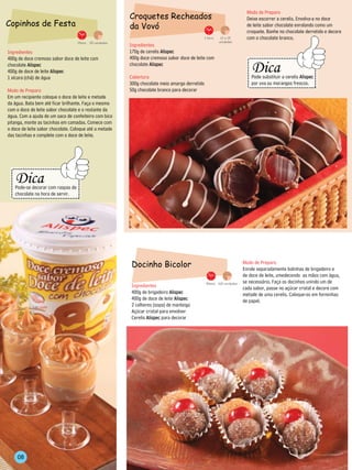 Modo de Preparo
                                                               Croquetes Recheados                                                Deixe escorrer a cerelis. Envolva-a no doce
Copinhos de Festa                                              da Vovó                                                            de leite sabor chocolate enrolando como um
                                                                                                                                  croquete. Banhe no chocolate derretido e decore
                                                                                                      1 hora    12 a 15           com o chocolate branco.
                                          15min. 50 unidades                                                   unidades
                                                               Ingredientes
 Ingredientes                                                  170g de cerelis Alispec
 400g de doce cremoso sabor doce de leite com                  400g doce cremoso sabor doce de leite com                            ---------------------------
                                                                                                                                       Dica




                                                                                                                             -----------
 chocolate Alispec                                             chocolate Alispec




                                                                                                                                                                      --------
 400g de doce de leite Alispec
 1 xícara (chá) de água                                        Cobertura                                                               Pode substituir a cerelis Alispec
                                                               300g chocolate meio amargo derretido                                    por uva ou morangos frescos.
 Modo de Preparo                                               50g chocolate branco para decorar                                    ---------------------------
 Em um recipiente coloque o doce de leite e metade
 da água. Bata bem até ficar brilhante. Faça o mesmo
 com o doce de leite sabor chocolate e o restante da
 água. Com a ajuda de um saco de confeiteiro com bico
 pitanga, monte as tacinhas em camadas. Comece com
 o doce de leite sabor chocolate. Coloque até a metade
 das tacinhas e complete com o doce de leite.




       ---------------------------
          Dica
-----------




                                     --------




          Pode-se decorar com raspas de
          chocolate na hora de servir.
       ---------------------------




                                                                Docinho Bicolor                                              Modo de Preparo
                                                                                                                             Enrole separadamente bolinhas de brigadeiro e
                                                                                                                             de doce de leite, umedecendo as mãos com água,
                                                                                                       50min. 100 unidades   se necessário. Faça os docinhos unindo um de
                                                                Ingredientes                                                 cada sabor, passe no açúcar cristal e decore com
                                                                400g de brigadeiro Alispec                                   metade de uma cerelis. Coloque-os em forminhas
                                                                400g de doce de leite Alispec                                de papel.
                                                                2 colheres (sopa) de manteiga
                                                                Açúcar cristal para envolver
                                                                Cerelis Alispec para decorar




              08
 
