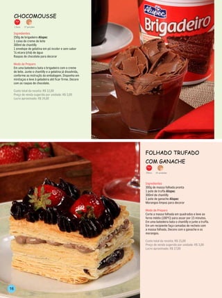 ChoComousse
     1 hora   17 porções


     Ingredientes
     250g de brigadeiro Alispec
     1 caixa de creme de leite
     300ml de chantilly
     1 envelope de gelatina em pó incolor e sem sabor
     ¼ xícara (chá) de água
     Raspas de chocolate para decorar

     Modo de Preparo
     Em uma batedeira bata o brigadeiro com o creme
     de leite. Junte o chantilly e a gelatina já dissolvida,
     conforme as instruçõs da embalagem. Disponha em
     minitaças e leve à geladeira até ficar firme. Decore
     com as raspas de chocolate.

     Custo total da receita: R$ 12,00
     Preço de venda sugerido por unidade: R$ 3,00
     Lucro aproximado: R$ 24,00




                                                               folhAdo TrufAdo
                                                               Com gAnAChe
                                                               25min.   14 unidades




                                                               Ingredientes
                                                               300g de massa folhada pronta
                                                               1 pote de truffa Alispec
                                                               300ml de chantilly
                                                               1 pote de ganache Alispec
                                                               Morangos limpos para decorar

                                                               Modo de Preparo
                                                               Corte a massa folhada em quadrados e leve ao
                                                               forno médio (180ºC) para assar por 15 minutos.
                                                               Em uma batedeira bata o chantilly e junte a truffa.
                                                               Em um recipiente faça camadas de recheio com
                                                               a massa folhada. Decore com o ganache e os
                                                               morangos.

                                                               Custo total da receita: R$ 15,00
                                                               Preço de venda sugerido por unidade: R$ 3,00
                                                               Lucro aproximado: R$ 27,00




16
 