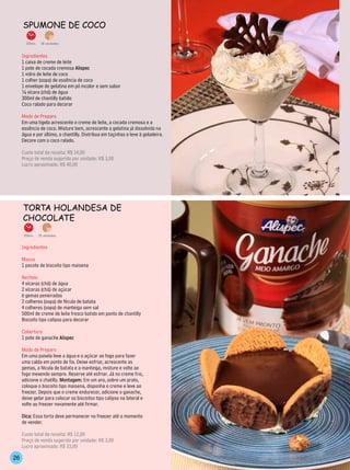 sPumone de CoCo
       20min.    18 unidades


     Ingredientes
     1 caixa de creme de leite
     1 pote de cocada cremosa Alispec
     1 vidro de leite de coco
     1 colher (sopa) de essência de coco
     1 envelope de gelatina em pó incolor e sem sabor
     ¼ xícara (chá) de água
     300ml de chantilly batido
     Coco ralado para decorar

     Modo de Preparo
     Em uma tigela acrescente o creme de leite, a cocada cremosa e a
     essência de coco. Misture bem, acrescente a gelatina já dissolvida na
     água e por último, o chantilly. Distribua em taçinhas e leve à geladeira.
     Decore com o coco ralado.

     Custo total da receita: R$ 14,00
     Preço de venda sugerido por unidade: R$ 3,00
     Lucro aproximado: R$ 40,00




     TorTA holAndesA de
     ChoColATe
     35min.     15 unidades


     Ingredientes

     Massa
     1 pacote de biscoito tipo maisena

     Recheio
     4 xícaras (chá) de água
     2 xícaras (chá) de açúcar
     6 gemas peneiradas
     2 colheres (sopa) de fécula de batata
     4 colheres (sopa) de manteiga sem sal
     500ml de creme de leite fresco batido em ponto de chantilly
     Biscoito tipo calipso para decorar

     Cobertura
     1 pote de ganache Alispec

     Modo de Preparo
     Em uma panela leve a água e o açúcar ao fogo para fazer
     uma calda em ponto de fio. Deixe esfriar, acrescente as
     gemas, a fécula de batata e a manteiga, misture e volte ao
     fogo mexendo sempre. Reserve até esfriar. Já no creme frio,
     adicione o chatilly. Montagem: Em um aro, sobre um prato,
     coloque o biscoito tipo maisena, disponha o creme e leve ao
     freezer. Depois que o creme endurecer, adicione o ganache,
     deixe gelar para colocar os biscoitos tipo calipso na lateral e
     volte ao freezer novamente até firmar.

     Dica: Essa torta deve permanecer no freezer até o momento
     de vender.

     Custo total da receita: R$ 12,00
     Preço de venda sugerido por unidade: R$ 3,00
     Lucro aproximado: R$ 33,00

26
 