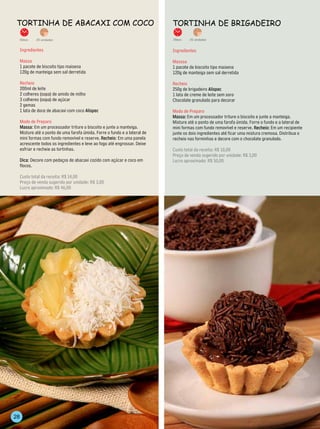 TorTinhA de ABACAxi Com CoCo                                                 TorTinhA de BrigAdeiro
 30min.      20 unidades                                                     35min.   20 unidades


     Ingredientes                                                            Ingredientes

     Massa                                                                   Masssa
     1 pacote de biscoito tipo maisena                                       1 pacote de biscoito tipo maisena
     120g de manteiga sem sal derretida                                      120g de manteiga sem sal derretida

     Recheio                                                                 Recheio
     200ml de leite                                                          250g de brigadeiro Alispec
     2 colheres (sopa) de amido de milho                                     1 lata de creme de leite sem soro
     3 colheres (sopa) de açúcar                                             Chocolate granulado para decorar
     2 gemas
     1 lata de doce de abacaxi com coco Alispec                              Modo de Preparo
                                                                             Massa: Em um processador triture o biscoito e junte a manteiga.
     Modo de Preparo                                                         Misture até o ponto de uma farofa úmida. Forre o fundo e a lateral de
     Massa: Em um processador triture o biscoito e junte a manteiga.         mini formas com fundo removível e reserve. Recheio: Em um recipiente
     Misture até o ponto de uma farofa úmida. Forre o fundo e a lateral de   junte os dois ingredientes até ficar uma mistura cremosa. Distribua o
     mini formas com fundo removível e reserve. Recheio: Em uma panela       recheio nas forminhas e decore com o chocolate granulado.
     acrescente todos os ingredientes e leve ao fogo até engrossar. Deixe
     esfriar e recheie as tortinhas.                                         Custo total da receita: R$ 10,00
                                                                             Preço de venda sugerido por unidade: R$ 3,00
     Dica: Decore com pedaços de abacaxi cozido com açúcar e coco em         Lucro aproximado: R$ 50,00
     flocos.

     Custo total da receita: R$ 14,00
     Preço de venda sugerido por unidade: R$ 3,00
     Lucro aproximado: R$ 46,00




28
 