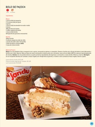 Bolo de PAçoCA

35min.   14 unidades


Ingredientes

Massa
1 xícara (chá) de margarina
2 ½ xícaras (chá) de açúcar
6 gemas
1 xícara (chá) de amendoim torrado e moído
6 claras
200g de fécula de batata
1 colher (sopa) de fermento
1 xícara (chá) de leite
Refrigerante de guaraná (o necessário)

Recheio
500ml de leite
3 colheres (sopa) de amido de milho
1 pacote de pudim sabor de baunilha
1 pote de paçoca cremosa Jandu
1 caixa de creme de leite


Modo de Preparo
Massa: Em uma batedeira bata a margarina com o açúcar, acrescente as gemas e o amendoim. Peneire a farinha com a fécula de batata e junte alternando a
farinha com o leite. Reserve. Bata as claras em neve e acrescente à mistura junto com o fermento. Leve ao forno médio (180ºC) e asse por aproximadamente
35 minutos. Recheio: Em uma panela misture os quatro primeiros ingredientes até engrossar e acrescente o creme de leite. Misture e reserve. Montagem:
Em um recipiente distribua em camadas a massa regada com refrigerante de guaraná, o recheio e outra camada de massa regada. Decore a gosto.

Custo total da receita: R$ 22,00
Preço de venda sugerido por unidade: R$ 3,00
Lucro aproximado: R$ 20,00




                                                                                                                                                       05
 
