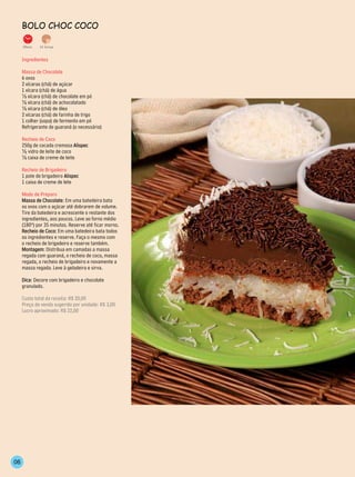 Bolo ChoC CoCo

     35min.   14 fatias


     Ingredientes

     Massa de Chocolate
     6 ovos
     2 xícaras (chá) de açúcar
     1 xícara (chá) de água
     ½ xícara (chá) de chocolate em pó
     ½ xícara (chá) de achocolatado
     ½ xícara (chá) de óleo
     2 xícaras (chá) de farinha de trigo
     1 colher (sopa) de fermento em pó
     Refrigerante de guaraná (o necessário)

     Recheio de Coco
     250g de cocada cremosa Alispec
     ½ vidro de leite de coco
     ½ caixa de creme de leite

     Recheio de Brigadeiro
     1 pote de brigadeiro Alispec
     1 caixa de creme de lete

     Modo de Preparo
     Massa de Chocolate: Em uma batedeira bata
     os ovos com o açúcar até dobrarem de volume.
     Tire da batedeira e acrescente o restante dos
     ingredientes, aos poucos. Leve ao forno médio
     (180º) por 35 minutos. Reserve até ficar morno.
     Recheio de Coco: Em uma batedeira bata todos
     os ingredientes e reserve. Faça o mesmo com
     o recheio de brigadeiro e reserve também.
     Montagem: Distribua em camadas a massa
     regada com guaraná, o recheio de coco, massa
     regada, o recheio de brigadeiro e novamente a
     massa regada. Leve à geladeira e sirva.

     Dica: Decore com brigadeiro e chocolate
     granulado.

     Custo total da receita: R$ 20,00
     Preço de venda sugerido por unidade: R$ 3,00
     Lucro aproximado: R$ 22,00




06
 
