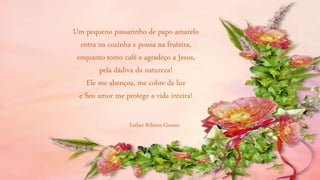 Um pequeno passarinho de papo amarelo
entra na cozinha e pousa na fruteira,
enquanto tomo café e agradeço a Jesus,
pela dádiva da natureza!
Ele me abençoa, me cobre de luz
e Seu amor me protege a vida inteira!
Esther Ribeiro Gomes
 