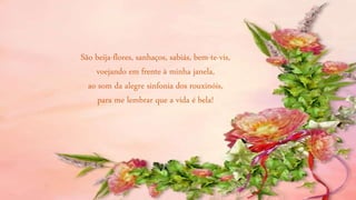 São beija-flores, sanhaços, sabiás, bem-te-vis,
voejando em frente à minha janela,
ao som da alegre sinfonia dos rouxinóis,
para me lembrar que a vida é bela!
 
