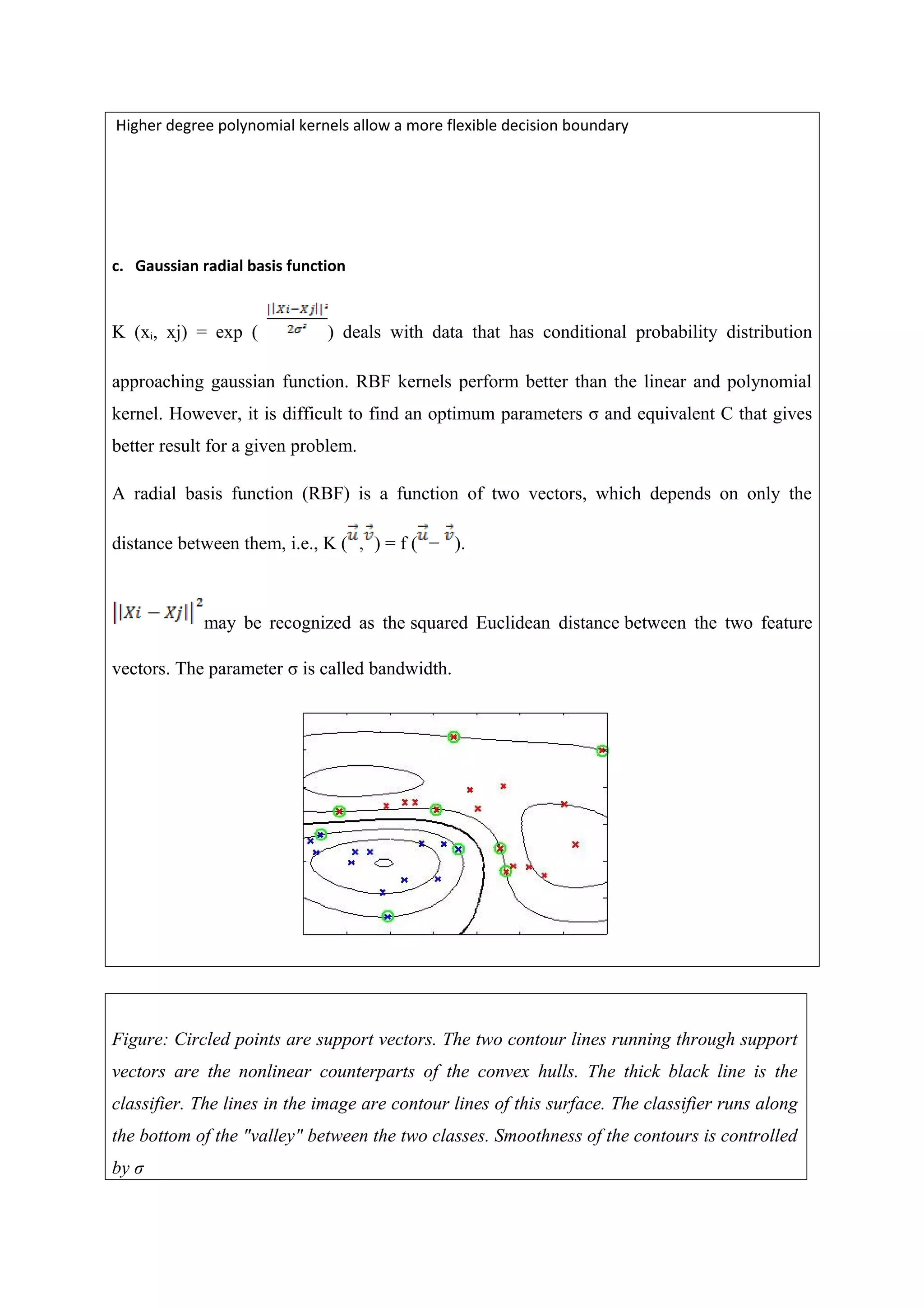 Higher degree polynomial kernels allow a more flexible decision boundary
c. Gaussian radial basis function
K (xi, xj) = exp ( ) deals with data that has conditional probability distribution
approaching gaussian function. RBF kernels perform better than the linear and polynomial
kernel. However, it is difficult to find an optimum parameters σ and equivalent C that gives
better result for a given problem.
A radial basis function (RBF) is a function of two vectors, which depends on only the
distance between them, i.e., K ( , ) = f ( − ).
may be recognized as the squared Euclidean distance between the two feature
vectors. The parameter σ is called bandwidth.
Figure: Circled points are support vectors. The two contour lines running through support
vectors are the nonlinear counterparts of the convex hulls. The thick black line is the
classifier. The lines in the image are contour lines of this surface. The classifier runs along
the bottom of the "valley" between the two classes. Smoothness of the contours is controlled
by σ
 