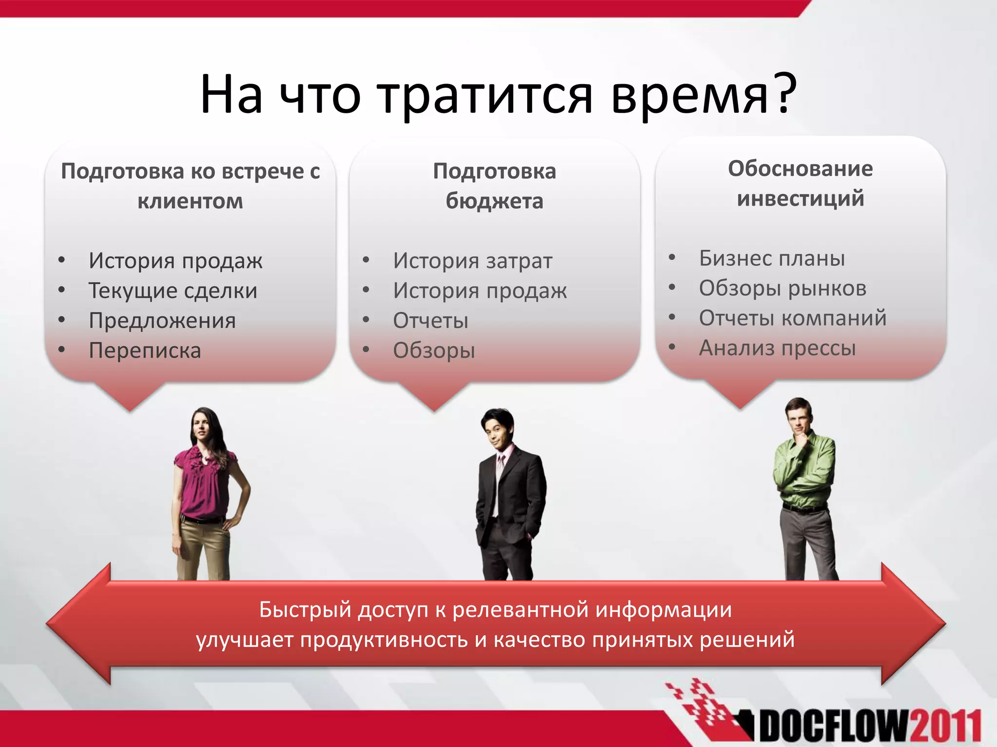 На что тратится время?
Подготовка ко встрече с          Подготовка               Обоснование
      клиентом                    бюджета                  инвестиций

•   История продаж        •   История затрат        •   Бизнес планы
•   Текущие сделки        •   История продаж        •   Обзоры рынков
•   Предложения           •   Отчеты                •   Отчеты компаний
•   Переписка             •   Обзоры                •   Анализ прессы




                 Быстрый доступ к релевантной информации
            улучшает продуктивность и качество принятых решений
 