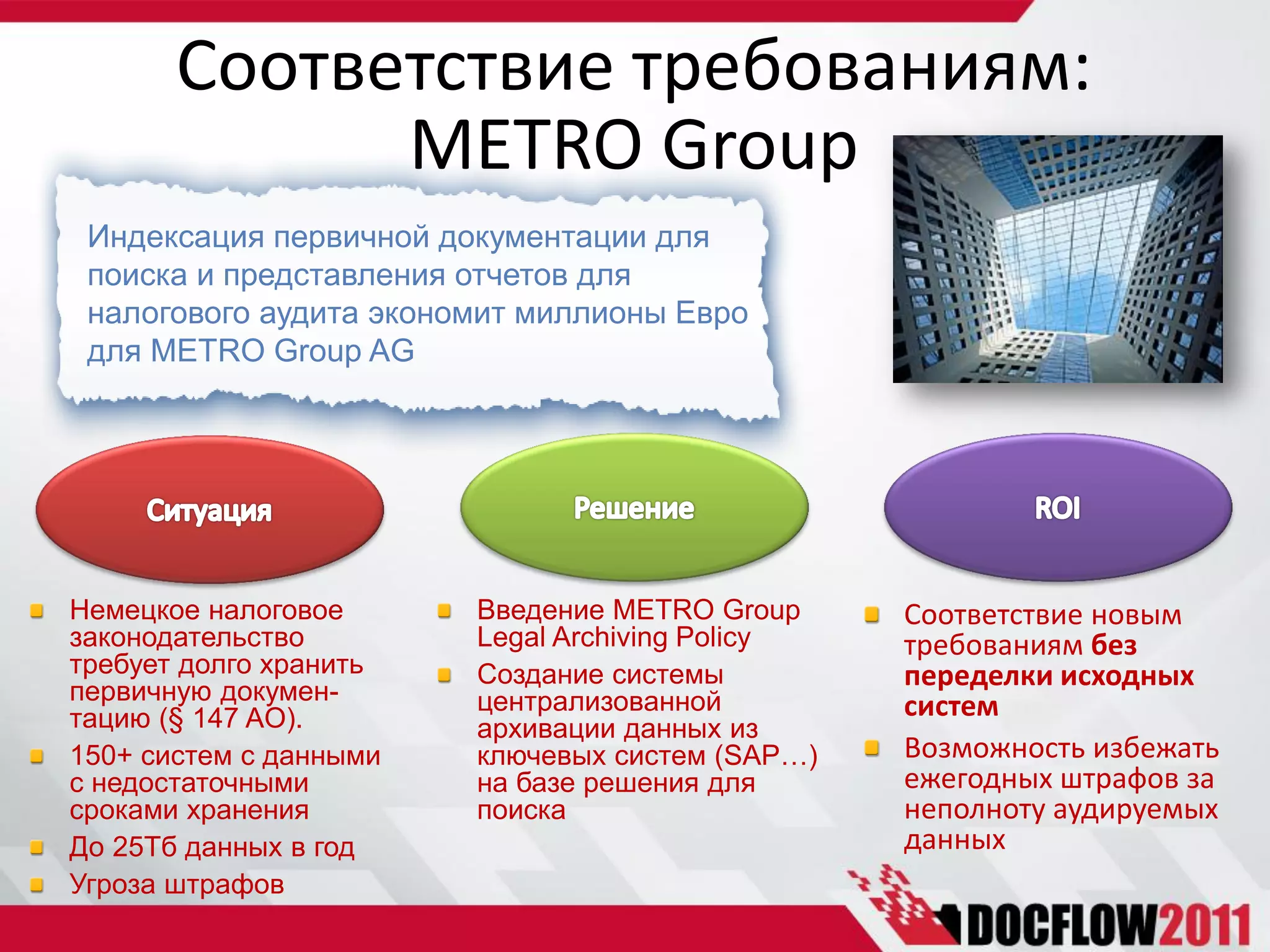 Соответствие требованиям:
             METRO Group
 Индексация первичной документации для
 поиска и представления отчетов для
 налогового аудита экономит миллионы Евро
 для METRO Group AG




Немецкое налоговое      Введение METRO Group     Соответствие новым
законодательство        Legal Archiving Policy   требованиям без
требует долго хранить   Создание системы         переделки исходных
первичную докумен-      централизованной
тацию (§ 147 AO).                                систем
                        архивации данных из
150+ систем с данными   ключевых систем (SAP…)   Возможность избежать
с недостаточными        на базе решения для      ежегодных штрафов за
сроками хранения        поиска                   неполноту аудируемых
До 25Тб данных в год                             данных
Угроза штрафов
 