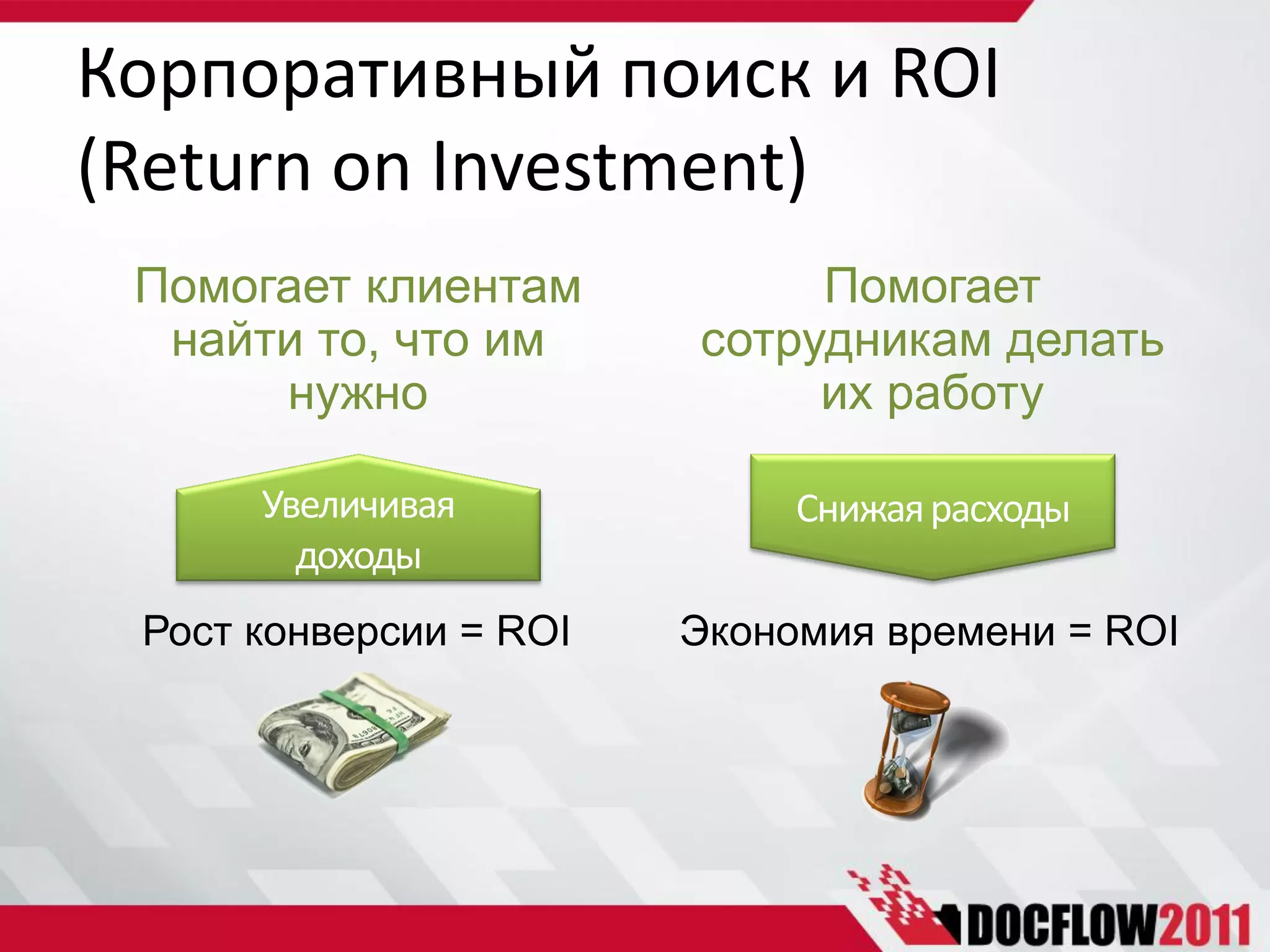 Корпоративный поиск и ROI
(Return on Investment)
 Помогает клиентам           Помогает
  найти то, что им      сотрудникам делать
      нужно                  их работу

      Увеличивая             Снижая расходы
        доходы
 Рост конверсии = ROI   Экономия времени = ROI
 