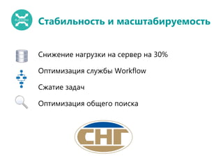 Стабильность и масштабируемость
Снижение нагрузки на сервер на 30%
Оптимизация службы Workflow
Сжатие задач
Оптимизация общего поиска
 