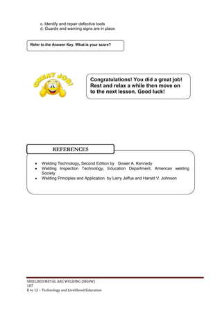 SHIELDED METAL ARC WELDING (SMAW)
107
K to 12 – Technology and Livelihood Education
c. Identify and repair defective tools
d. Guards and warning signs are in place
Refer to the Answer Key. What is your score?
 Welding Technology, Second Edition by Gower A. Kennedy
 Welding Inspection Technology, Education Department, American welding
Society
 Welding Principles and Application by Larry Jeffus and Harold V. Johnson
REFERENCES
Congratulations! You did a great job!
Rest and relax a while then move on
to the next lesson. Good luck!
 