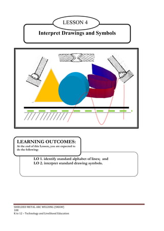 SHIELDED METAL ARC WELDING (SMAW)
108
K to 12 – Technology and Livelihood Education
Interpret Drawings and Symbols
LO 1. identify standard alphabet of lines; and
LO 2. interpret standard drawing symbols.
LEARNING OUTCOMES:
At the end of this Lesson, you are expected to
do the following:
LESSON 4
 