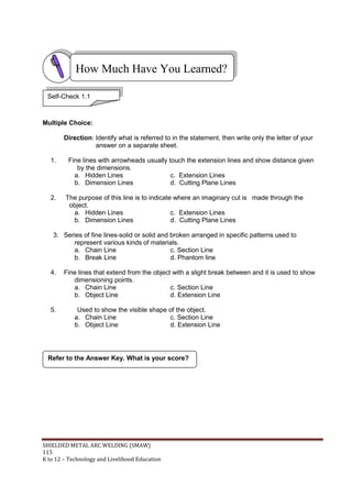 SHIELDED METAL ARC WELDING (SMAW)
115
K to 12 – Technology and Livelihood Education
Multiple Choice:
Direction: Identify what is referred to in the statement, then write only the letter of your
answer on a separate sheet.
1. Fine lines with arrowheads usually touch the extension lines and show distance given
by the dimensions.
a. Hidden Lines c. Extension Lines
b. Dimension Lines d. Cutting Plane Lines
2. The purpose of this line is to indicate where an imaginary cut is made through the
object.
a. Hidden Lines c. Extension Lines
b. Dimension Lines d. Cutting Plane Lines
3. Series of fine lines-solid or solid and broken arranged in specific patterns used to
represent various kinds of materials.
a. Chain Line c. Section Line
b. Break Line d. Phantom line
4. Fine lines that extend from the object with a slight break between and it is used to show
dimensioning points.
a. Chain Line c. Section Line
b. Object Line d. Extension Line
5. Used to show the visible shape of the object.
a. Chain Line c. Section Line
b. Object Line d. Extension Line
Refer to the Answer Key. What is your score?
How Much Have You Learned?
Self-Check 1.1
 