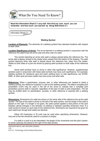 SHIELDED METAL ARC WELDING (SMAW)
118
K to 12 – Technology and Livelihood Education
Welding Symbol
Location of Elements: The elements of a welding symbol have standard locations with respect
to each other.
Location Significance of Arrow: The arrow element in a welding symbol in conjunction with the
reference line determines the arrow side and other side of a weld.
The symbol depicting an arrow side weld is always placed below the reference line. The
arrow side is always closest to the reader when viewed from the bottom of the drawing. The weld
symbol depicting other side weld is placed above the reference line, away from the reader.
Welds on both sides of a joint are shown by placing weld symbols on both sides of the reference
line.
Some weld symbols have no arrow or other side significance. However, supplementary
symbols used in conjunction with these weld symbols may have such significance. For example,
welding symbols for resistance spot and seam welding have no side significance, but GTAW,
EBW, or other spot and seam welds may have arrow and other side.
References: When a specification, process, test, or other references are needed to clarify a
welding symbol, the reference is placed in a tail on the welding symbol. The letters complete joint
penetration (CJP) may be used in the tail of the arrow to indicate that a complete joint
penetration groove weld is required, regardless of the type of weld or joint preparation. The tail
may be omitted when no specification, process, or other reference is required with a welding
symbol.
Dimensions: Dimensions of a weld are shown on the same side of the reference line as the weld
symbol. The size of the weld is shown to the left of the weld symbol, and the length of the weld is
placed on the right. If a length is not given, the weld symbol applies to that portion of the joint
between abrupt changes in the direction of welding or between specified dimension lines. If a
weld symbol is shown on each side of the reference line, dimensions are required to be given for
each weld even though both welds are identical.
Either US Customary or SI units may be used when specifying dimensions. However,
only one of the two should be used for a product or project.
If a weld in a joint is to be intermittent, the length of the increments and the pitch (center-
to-center spacing) are placed to the right of the weld symbol.
What Do You Need To Know?
Information Sheet 2.1
Read the Information Sheet 2.1 very well then find out how much you can
remember and how much you learned by doing Self-Check 2.1.
 