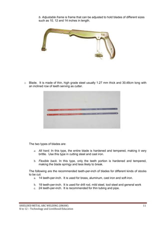 SHIELDED METAL ARC WELDING (SMAW) 11
K to 12 – Technology and Livelihood Education
b. Adjustable frame is frame that can be adjusted to hold blades of different sizes
such as 10, 12 and 14 inches in length.
o Blade. It is made of thin, high grade steel usually 1.27 mm thick and 30.48cm long with
an inclined row of teeth serving as cutter.
The two types of blades are:
a. All hard. In this type, the entire blade is hardened and tempered, making it very
brittle. Use this type in cutting steel and cast iron.
b. Flexible back. In this type, only the teeth portion is hardened and tempered,
making the blade springy and less likely to break.
The following are the recommended teeth-per-inch of blades for different kinds of stocks
to be cut:
a. 14 teeth-per-inch. It is used for brass, aluminum, cast iron and soft iron.
b. 18 teeth-per-inch. It is used for drill rod, mild steel, tool steel and general work
c. 24 teeth-per-inch. It is recommended for thin tubing and pipe.
 
