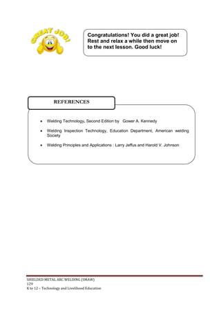SHIELDED METAL ARC WELDING (SMAW)
129
K to 12 – Technology and Livelihood Education
 Welding Technology, Second Edition by Gower A. Kennedy
 Welding Inspection Technology, Education Department, American welding
Society
 Welding Principles and Applications : Larry Jeffus and Harold V. Johnson
REFERENCES
Congratulations! You did a great job!
Rest and relax a while then move on
to the next lesson. Good luck!
 
