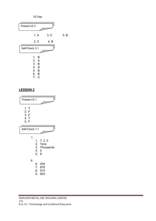 SHIELDED METAL ARC WELDING (SMAW)
131
K to 12 – Technology and Livelihood Education
10.Yes
1. A 3. C 5. B
2. C 4. B
1. B
2. A
3. B
4. D
5. B
6. B
7. C
LESSON 2
1. T
2. F
3. F
4. T
5. F
I.
1. 7, 2, 5
2. Tens
3. Thousands
4. 5
5. 8
II.
6. 978
7. 879
8. 914
9. 603
Pretest LO 3
Self-Check 3.1
Self-Check 1.1
Pretest LO 1
 