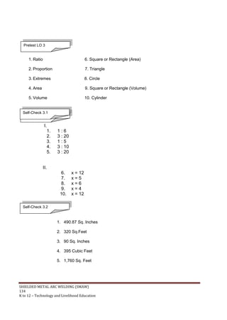 SHIELDED METAL ARC WELDING (SMAW)
134
K to 12 – Technology and Livelihood Education
1. Ratio 6. Square or Rectangle (Area)
2. Proportion 7. Triangle
3. Extremes 8. Circle
4. Area 9. Square or Rectangle (Volume)
5. Volume 10. Cylinder
I.
1. 1 : 6
2. 3 : 20
3. 1 : 5
4. 3 : 10
5. 3 : 20
II.
6. x = 12
7. x = 5
8. x = 6
9. x = 4
10. x = 12
1. 490.87 Sq. Inches
2. 320 Sq.Feet
3. 90 Sq. Inches
4. 395 Cubic Feet
5. 1,760 Sq. Feet
Pretest LO 3
Self-Check 3.1
Self-Check 3.1
Self-Check 3.2
 