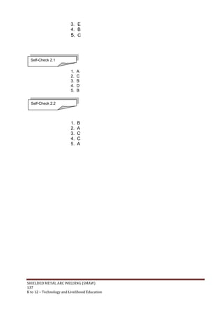 SHIELDED METAL ARC WELDING (SMAW)
137
K to 12 – Technology and Livelihood Education
3. E
4. B
5. C
1. A
2. C
3. B
4. D
5. B
1. B
2. A
3. C
4. C
5. A
Self-Check 2.1
Self-Check 2.2
 