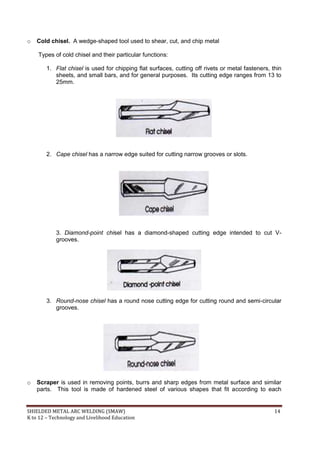 SHIELDED METAL ARC WELDING (SMAW) 14
K to 12 – Technology and Livelihood Education
o Cold chisel. A wedge-shaped tool used to shear, cut, and chip metal
Types of cold chisel and their particular functions:
1. Flat chisel is used for chipping flat surfaces, cutting off rivets or metal fasteners, thin
sheets, and small bars, and for general purposes. Its cutting edge ranges from 13 to
25mm.
2. Cape chisel has a narrow edge suited for cutting narrow grooves or slots.
3. Diamond-point chisel has a diamond-shaped cutting edge intended to cut V-
grooves.
3. Round-nose chisel has a round nose cutting edge for cutting round and semi-circular
grooves.
o Scraper is used in removing points, burrs and sharp edges from metal surface and similar
parts. This tool is made of hardened steel of various shapes that fit according to each
 