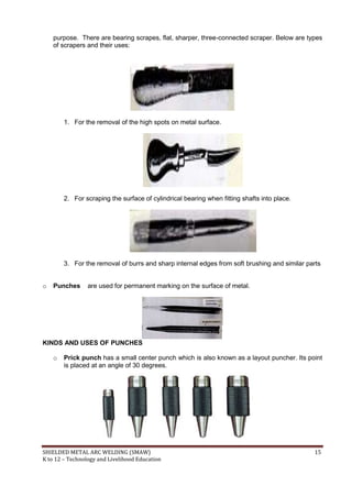 SHIELDED METAL ARC WELDING (SMAW) 15
K to 12 – Technology and Livelihood Education
purpose. There are bearing scrapes, flat, sharper, three-connected scraper. Below are types
of scrapers and their uses:
1. For the removal of the high spots on metal surface.
2. For scraping the surface of cylindrical bearing when fitting shafts into place.
3. For the removal of burrs and sharp internal edges from soft brushing and similar parts
o Punches are used for permanent marking on the surface of metal.
KINDS AND USES OF PUNCHES
o Prick punch has a small center punch which is also known as a layout puncher. Its point
is placed at an angle of 30 degrees.
 