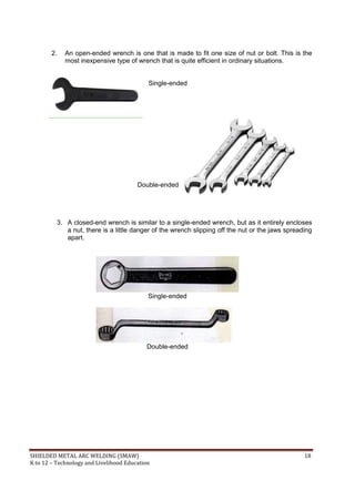 SHIELDED METAL ARC WELDING (SMAW) 18
K to 12 – Technology and Livelihood Education
2. An open-ended wrench is one that is made to fit one size of nut or bolt. This is the
most inexpensive type of wrench that is quite efficient in ordinary situations.
Single-ended
Double-ended
3. A closed-end wrench is similar to a single-ended wrench, but as it entirely encloses
a nut, there is a little danger of the wrench slipping off the nut or the jaws spreading
apart.
Single-ended
Double-ended
 