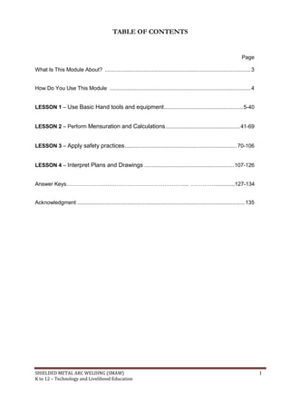SHIELDED METAL ARC WELDING (SMAW) 1
K to 12 – Technology and Livelihood Education
TABLE OF CONTENTS
Page
What Is This Module About? ................................................................................................3
How Do You Use This Module .............................................................................................4
LESSON 1 – Use Basic Hand tools and equipment....................................................5-40
LESSON 2 – Perform Mensuration and Calculations.................................................41-69
LESSON 3 – Apply safety practices..........................................................................70-106
LESSON 4 – Interpret Plans and Drawings ...........................................................107-126
Answer Keys…………………………………………………………... ……………............127-134
Acknowledgment ..............................................................................................................135
 