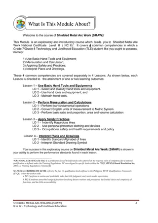 SHIELDED METAL ARC WELDING (SMAW) 2
K to 12 – Technology and Livelihood Education
Welcome to the course of Shielded Metal Arc Work (SMAW)!
This Module is an exploratory and introductory course which leads you to Shielded Metal Arc
Work National Certificate Level II ( NC II)1
. It covers 4 common competencies in which a
Grade 7/Grade 8 Technology and Livelihood Education (TLE) student like you ought to possess,
namely:
1) Use Basic Hand Tools and Equipment;
2) Mensuration and Calculation;
3) Applying Safety and Practices;
4) Interpret Plans and Drawings.
These 4 common competencies are covered separately in 4 Lessons. As shown below, each
Lesson is directed to the attainment of one or two learning outcomes:
Lesson 1 – Use Basic Hand Tools and Equipments
LO 1 - Select and classify hand tools and equipment.
LO 2 - Use hand tools and equipment; and
LO 3 - Maintain hand tools.
Lesson 2 – Perform Mensuration and Calculations
LO 1 - Perform four fundamental operations
LO 2 - Convert English units of measurement to Metric System
LO 3 - Perform basic ratio and proportion, area and volume calculation
Lesson 3 – Apply Safety Practices
LO 1 - Indentify Hazardous Area
LO 2 - Use personal protective clothing and devices
LO 3 - Occupational safety and health requirements and policy
Lesson 4 – Interpret Plans and Drawings
LO 1 - Identify Standard Alphabet of lines
LO 2 - Interpret Standard Drawing Symbol
Your success in this exploratory course on Shielded Metal Arc Work (SMAW) is shown in
your ability to perform the performance standards found in each lesson.
1NATIONAL CERTIFICATE (NC) is a certification issued to individuals who achieved all the required units of competency for a national
qualification as defined under the Training Regulations. NCs are aligned to specific levels within the PTQF. (TESDA Board Resolution No.
2004-13, Training Regulations Framework)
NATIONAL CERTIFICATE LEVEL refers to the four (4) qualification levels defined in the Philippine TVET Qualifications Framework
(PTQF) where the worker with:
a. NC I performs a routine and predictable tasks; has little judgment; and, works under supervision;
b. NC II performs prescribed range of functions involving known routines and procedures; has limited choice and complexity of
functions, and has little accountability;
What Is This Module About?
 