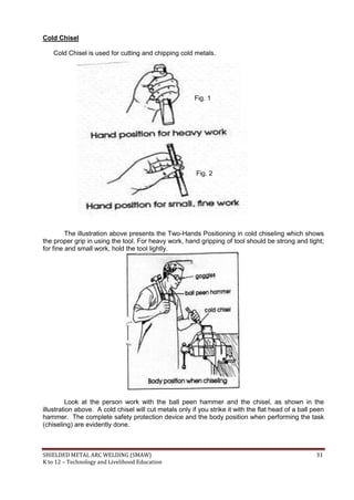 SHIELDED METAL ARC WELDING (SMAW) 31
K to 12 – Technology and Livelihood Education
Cold Chisel
Cold Chisel is used for cutting and chipping cold metals.
Fig. 1
Fig. 2
The illustration above presents the Two-Hands Positioning in cold chiseling which shows
the proper grip in using the tool. For heavy work, hand gripping of tool should be strong and tight;
for fine and small work, hold the tool lightly.
Look at the person work with the ball peen hammer and the chisel, as shown in the
illustration above. A cold chisel will cut metals only if you strike it with the flat head of a ball peen
hammer. The complete safety protection device and the body position when performing the task
(chiseling) are evidently done.
 