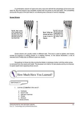 SHIELDED METAL ARC WELDING (SMAW) 33
K to 12 – Technology and Livelihood Education
A combination wrench of open-end and a box-end will tell the advantage of box-end over
open lid. Box-end wrench has complete contact with six points on the bolt head. This completely
surrounds the grip of the bolt head or nut allowing less chances of wrench slippage.
Screw Drivers
Cross Head Flat Head
Screw drivers are usually made in different sets. This tool is used to tighten and loosen
screws by pushing or pulling screws in a rotating manner. In the above illustration, a set of
standard and Phillips tips of different sizes are shown.
Screwdriver is driven by fully turning the blade in clockwise motion until the entire screw
is removed from the wood and metal. The purpose is to hold or fix two pieces and by no chances
to space apart even opposing force occurs.
I. List two (2) don’ts in the use of :
a. hacksaw
b. bench vise
c. ball pern hammer
d. Chisel
e. Wrench
f. Screw drivers
How Much Have You Learned?
Self-Check 2.1
 