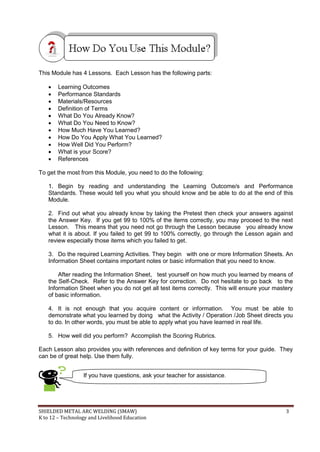 SHIELDED METAL ARC WELDING (SMAW) 3
K to 12 – Technology and Livelihood Education
This Module has 4 Lessons. Each Lesson has the following parts:
 Learning Outcomes
 Performance Standards
 Materials/Resources
 Definition of Terms
 What Do You Already Know?
 What Do You Need to Know?
 How Much Have You Learned?
 How Do You Apply What You Learned?
 How Well Did You Perform?
 What is your Score?
 References
To get the most from this Module, you need to do the following:
1. Begin by reading and understanding the Learning Outcome/s and Performance
Standards. These would tell you what you should know and be able to do at the end of this
Module.
2. Find out what you already know by taking the Pretest then check your answers against
the Answer Key. If you get 99 to 100% of the items correctly, you may proceed to the next
Lesson. This means that you need not go through the Lesson because you already know
what it is about. If you failed to get 99 to 100% correctly, go through the Lesson again and
review especially those items which you failed to get.
3. Do the required Learning Activities. They begin with one or more Information Sheets. An
Information Sheet contains important notes or basic information that you need to know.
After reading the Information Sheet, test yourself on how much you learned by means of
the Self-Check. Refer to the Answer Key for correction. Do not hesitate to go back to the
Information Sheet when you do not get all test items correctly. This will ensure your mastery
of basic information.
4. It is not enough that you acquire content or information. You must be able to
demonstrate what you learned by doing what the Activity / Operation /Job Sheet directs you
to do. In other words, you must be able to apply what you have learned in real life.
5. How well did you perform? Accomplish the Scoring Rubrics.
Each Lesson also provides you with references and definition of key terms for your guide. They
can be of great help. Use them fully.
If you have questions, ask your teacher for assistance.
 