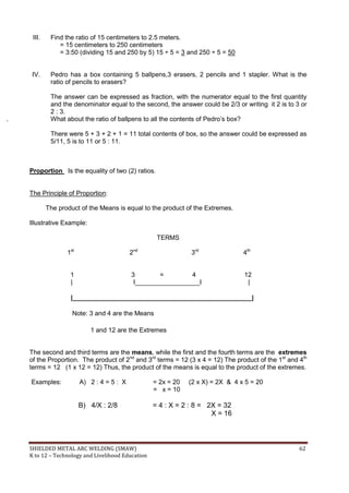 SHIELDED METAL ARC WELDING (SMAW) 62
K to 12 – Technology and Livelihood Education
III. Find the ratio of 15 centimeters to 2.5 meters.
= 15 centimeters to 250 centimeters
= 3:50 (dividing 15 and 250 by 5) 15 ÷ 5 = 3 and 250 ÷ 5 = 50
IV. Pedro has a box containing 5 ballpens,3 erasers, 2 pencils and 1 stapler. What is the
ratio of pencils to erasers?
The answer can be expressed as fraction, with the numerator equal to the first quantity
and the denominator equal to the second, the answer could be 2/3 or writing it 2 is to 3 or
2 : 3.
What about the ratio of ballpens to all the contents of Pedro‟s box?
There were 5 + 3 + 2 + 1 = 11 total contents of box, so the answer could be expressed as
5/11, 5 is to 11 or 5 : 11.
Proportion Is the equality of two (2) ratios.
The Principle of Proportion:
The product of the Means is equal to the product of the Extremes.
Illustrative Example:
TERMS
1st
2nd
3rd
4th
1 3 = 4 12
| I__________________I |
|__________________________________________________|
Note: 3 and 4 are the Means
1 and 12 are the Extremes
The second and third terms are the means, while the first and the fourth terms are the extremes
of the Proportion. The product of 2nd
and 3rd
terms = 12 (3 x 4 = 12) The product of the 1st
and 4th
terms = 12 (1 x 12 = 12) Thus, the product of the means is equal to the product of the extremes.
Examples: A) 2 : 4 = 5 : X = 2x = 20 (2 x X) = 2X & 4 x 5 = 20
= x = 10
B) 4/X : 2/8 = 4 : X = 2 : 8 = 2X = 32
X = 16
 
