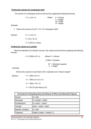 SHIELDED METAL ARC WELDING (SMAW) 67
K to 12 – Technology and Livelihood Education
Finding the volume of a rectangular solid
The volume of a rectangular solid can be found by applying the following formula.
V = L x W x H Where V = Volume
L = Length
W = Width
H = Height
Example:
7. What is the volume of a 24” x 12” x 8” rectangular solid?
Solution: V = L x W x H
V = 24 x 12 x 8
V = 2,304 cu. Inches
Finding the volume of a cylinder
When the diameter of a cylinder is known, the volume can be found by applying the following
formula.
V = 0.7854 x D² x h Where V = Volume
0.7854 = Constant
D² = Diameter squared
h = Height
Example:
What is the volume of a tank that is 4ft. in diameter and 12 feet in length?
Solution: V = .7854 x D² x h
V = .7854 x (4 x 4) x 12
V = .7854 x 16 x 12
V = 150.79 cubic feet (cu.ft.)
Formulas for Computing Area and Volume of Plane and Geometric Figures
Square 4 x side
Rectangle 2 x (length + width)
Parallelogram 2 x (side1 + side2)
Triangle side1 + side2 + side3
Regular n-polygon n x side
Trapezoid height x (base1 + base2) / 2
 