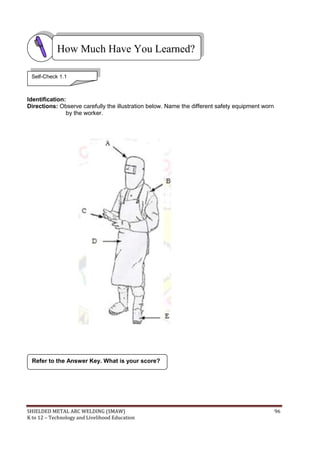 SHIELDED METAL ARC WELDING (SMAW) 96
K to 12 – Technology and Livelihood Education
Identification:
Directions: Observe carefully the illustration below. Name the different safety equipment worn
by the worker.
Refer to the Answer Key. What is your score?
How Much Have You Learned?
Self-Check 1.1
 